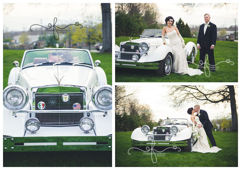 Great Gatsby Roaring 20's themed wedding | Woodwinds North Branford Wedding Photography | Bride and groom posed with car | CT Wedding Photographer Elizabeth Frederick Photography www.elizabethfrederickphotography.com/weddings