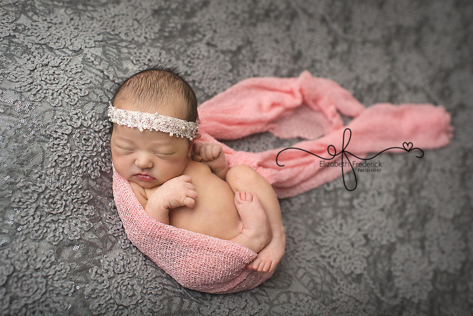 Grey & Pink Newborn, wrap pose idea, newborn wrap,  Photography Session CT Newborn Photographer Elizabeth Frederick Photography www.elizabethfrederickphotography.com