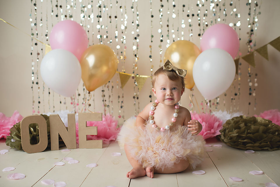 Pink & Gold Smash Cake Photography Session | Gold Sparkly Bead Backdrop | Smash Cake Photography Session | CT Smash Cake Photographer Elizabeth FrederickPhotography www.elizabethfrederickphotography.com 