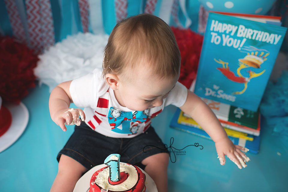 Dr Suess Smash Cake Photography First Birthday Session | Red White & Aqua Smash Cake Session | CT Smash Cake Photographer Elizabeth Frederick Photography www.elizabethfrederickphotography.com