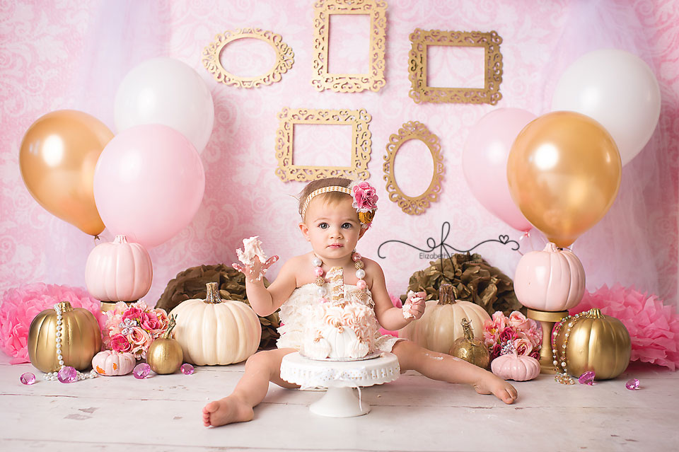 Fall Pumpkin Gold & Pink Vintage Smash Cake First Birthday Photography Session | CT Smash Cake Photographer Elizabeth Frederick Photography