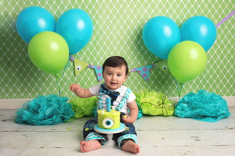 Monsters Inc Themed Smash Cake Photography Session | Monsters Inc Birthday Party | Monsters First Birthday | Cheshire CT Smash Cake Photographer Elizabeth Frederick Photography colorful & vibrant smash cake photography
