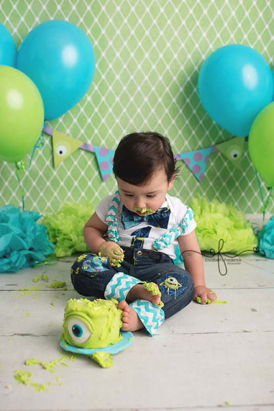 Monsters Inc Themed Smash Cake Photography Session | Monsters Inc Birthday Party | Monsters First Birthday | Cheshire CT Smash Cake Photographer Elizabeth Frederick Photography colorful & vibrant smash cake photography