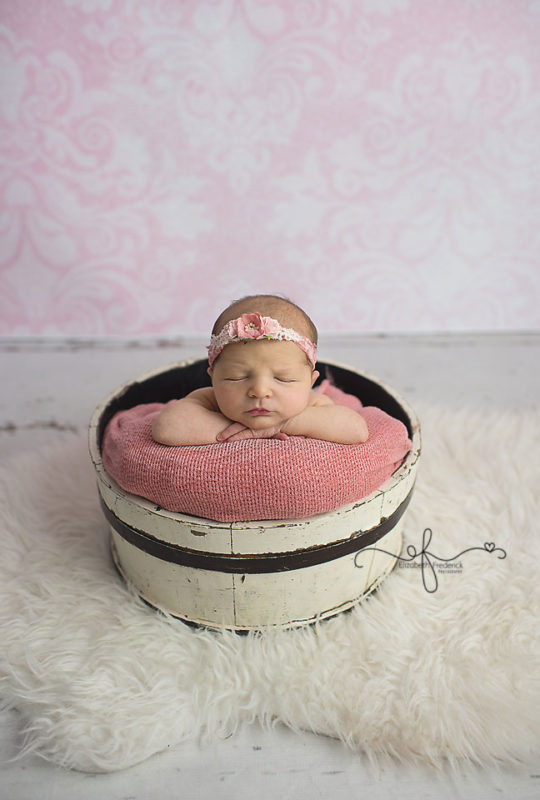 Blue & Pink Newborn Girl Photography Session | Bucket Pose | CT Newborn Photographer Elizabeth Frederick Photography