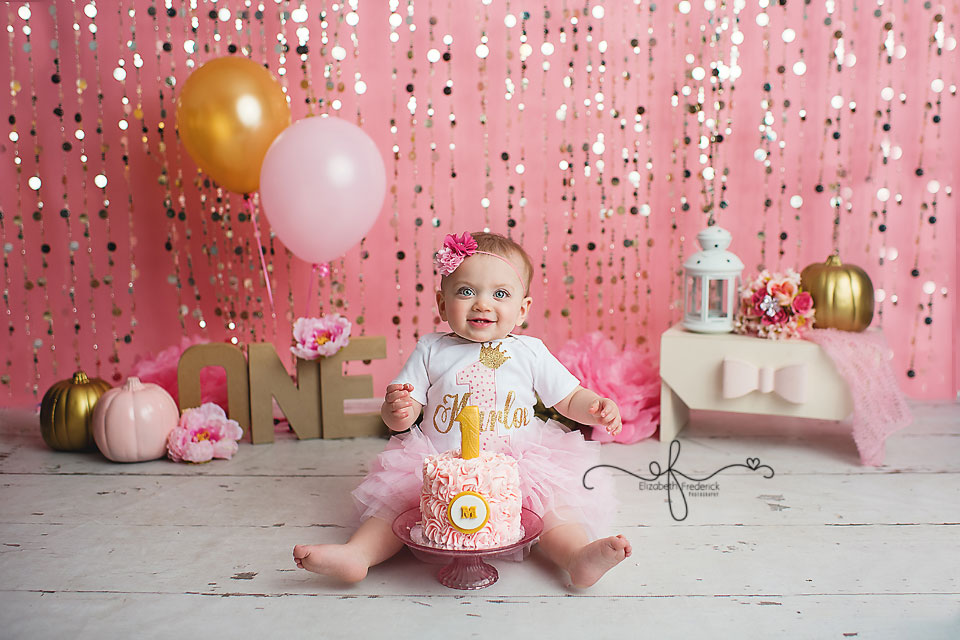 Pink & Gold Glitter Smash Cake First Birthday Photography Session | CT Smash Cake Photographer Elizabeth Frederick Photography