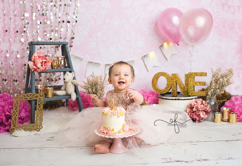 Pink & Gold Smash Cake Photography Session CT Smash Cake Photographer Elizabeth Frederick Photography