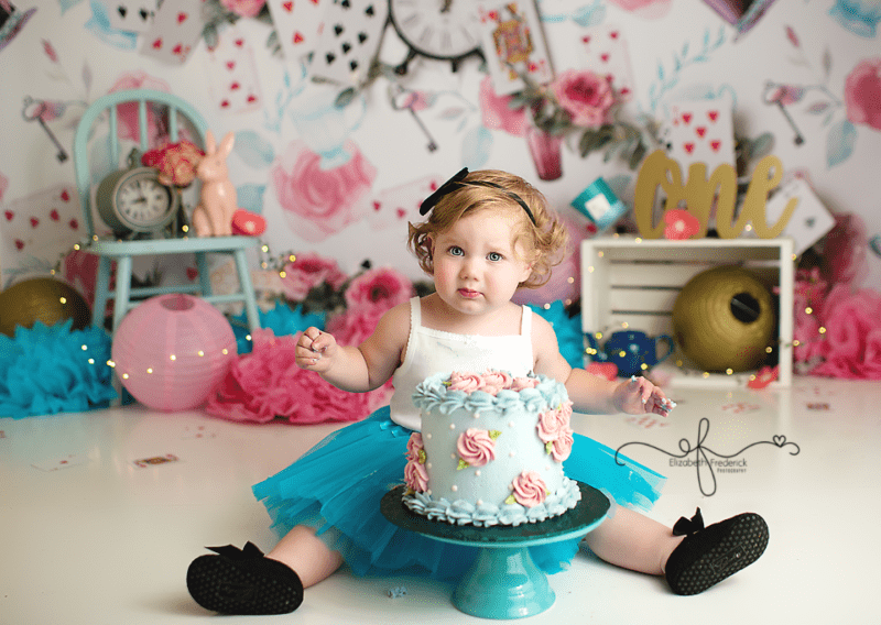 Alice in Wonderland Smash Cake Photography session Elizabeth Frederick Photography