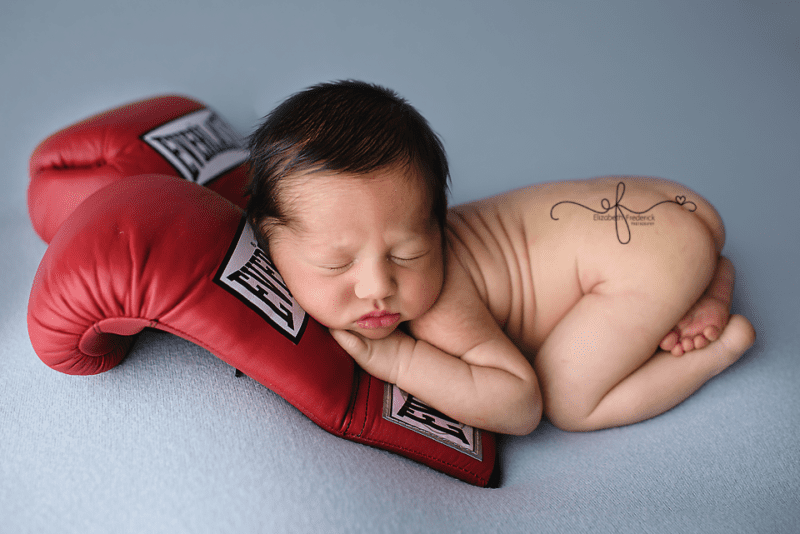 boxing gloves newborn photography pose | CT newborn photographer Elizabeth Frederick Photography