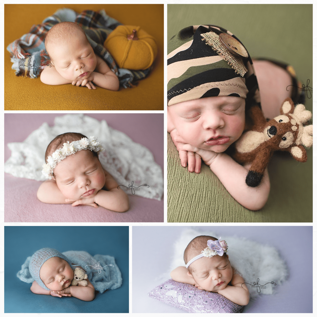 Chin on arms newborn photography pose 