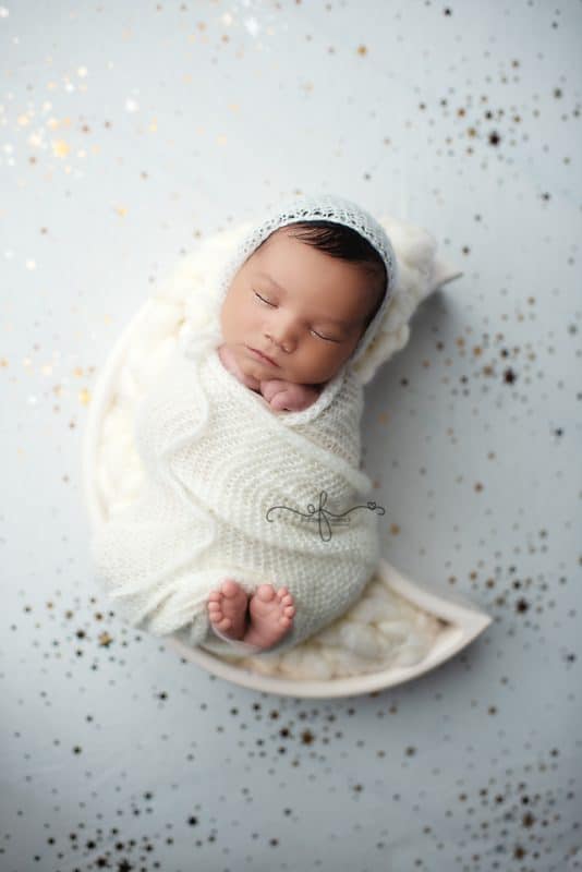 Moon prop newborn photography pose idea | wrapped newborn pose idea | Prop pose idea | CT Newborn Photographer